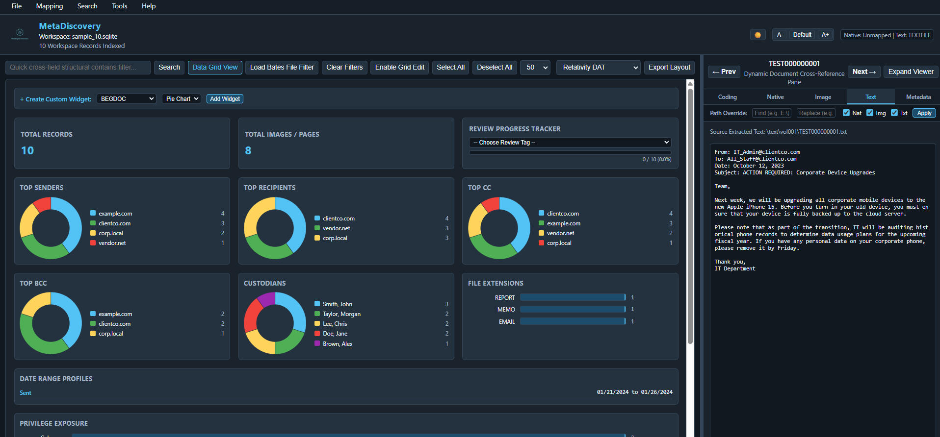 Dashboard MetaDiscovery offline eDiscovery software dashboard viewing a DAT load file.