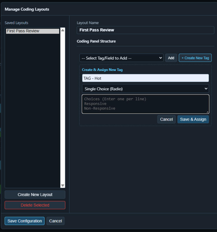 MetaDiscovery offline eDiscovery software viewing the coding layout tag creation window.